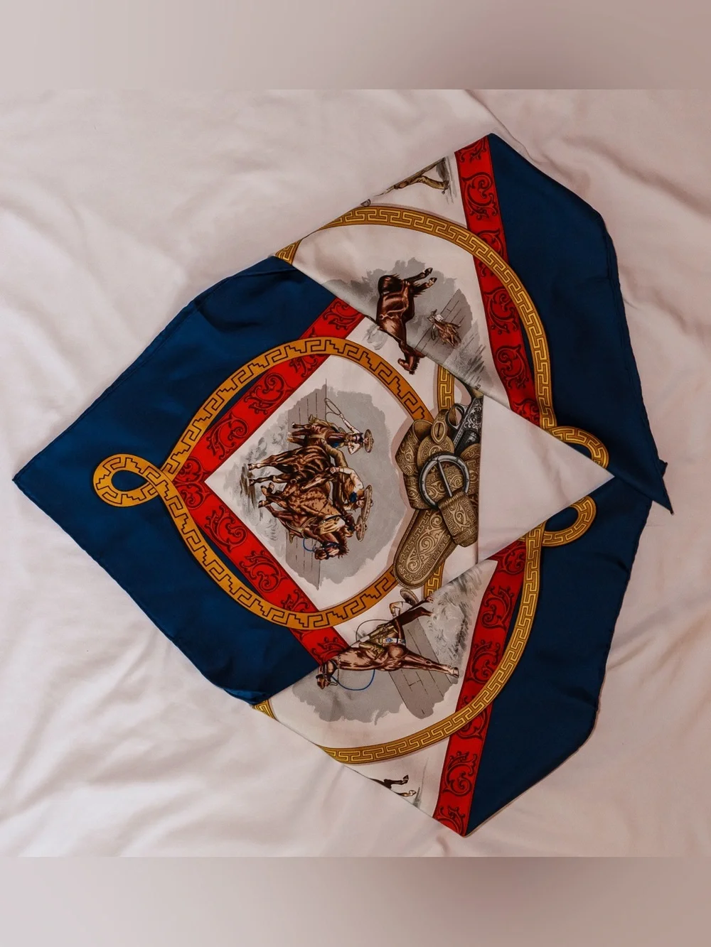 Hermès Charreada Silk Twill Scarf Carré 90 Ivory Gold Mexican Rodeo Motif